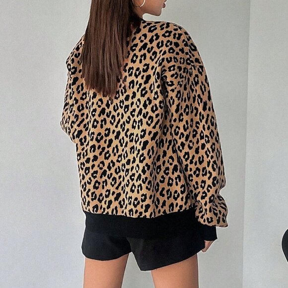 Brown Casual Women's Loose Fit Leopard Print Open Front Cardigan - Picture 4 of 6